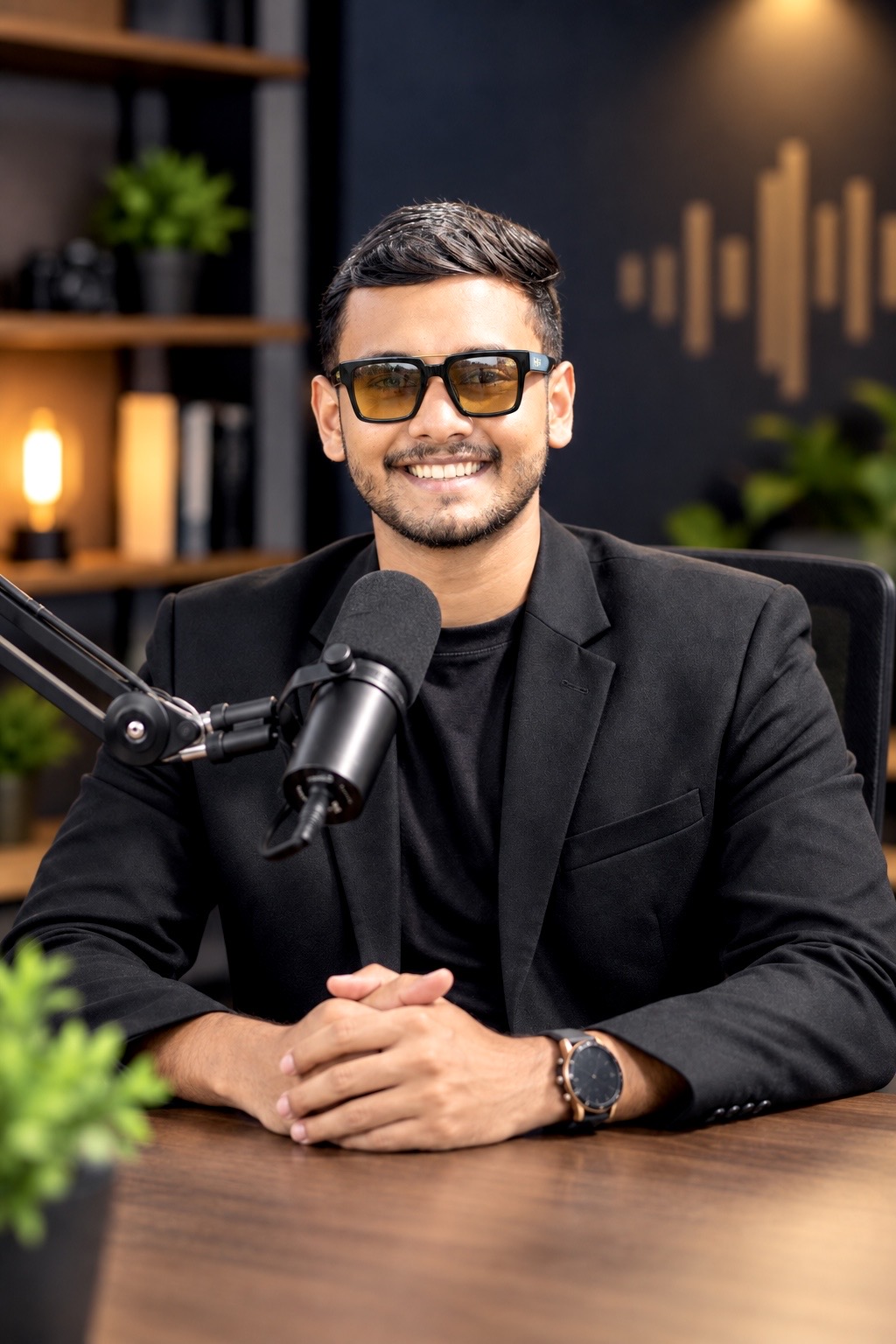 Chanuka Gimsara smiling at the podcast studio microphone